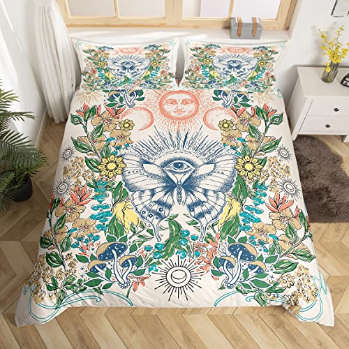 Hippie Schmetterling Bettdecke Bezug Sonne und Mond Bett Set, Groovy Blumen Bettbezug Single Sonnenblume Pilz Bettwäsche Sets, 60er Jahre 70er Jahre Vintage Blume Tagesdecke Bezug, alle Sehe