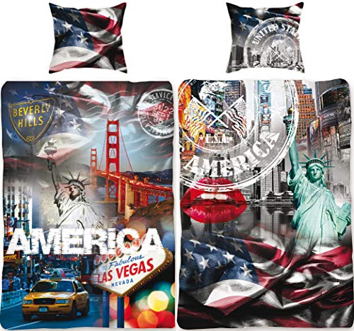 USA Bettwäsche-Set Stars and Stripes 135x200 + 80x80 cm 100% Baumwolle Amerika Bettbezug Blau Weis Rot New York Taxi Las Vegas San Francisco Stern-e Sternchen 2 Motive deutsche Größe Reißverschluss