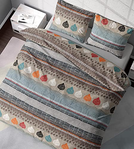 DILIOS Premium Bettwäsche 135x200, 100% Atmungsaktive Angenehme Baumwolle mit Reißverschluss, Renforcé Braun Blau Bereich, 2teilig Bettbezug 135 x 200 cm + Kissenbezug 80 x 80