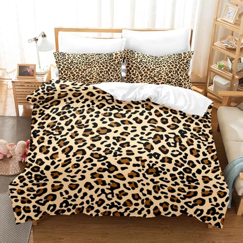 Qpswznk Bettwäsche 135x200cm Leopard Drucken 3-teiliges extra weiches Polyester Mikrofaser Bettwäsche-Set,Enthält 1 Bettbezug & 2 Kissenbezug 50x75cm,Atmungsaktiv,mit Reißverschluss,waschbar