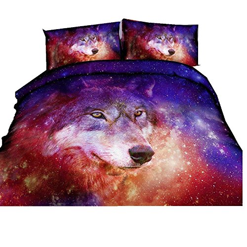 Stillshine Bettbezug Set 135x200cm 3D Tier Tiger Zebra Wolf Katze gedruckt Bettbezug mit Kissenbezügen Soft Polyester Microfaser Bettwäsche Set für Kinder, Jungen, Mädchen (Roter Stern Wolf)