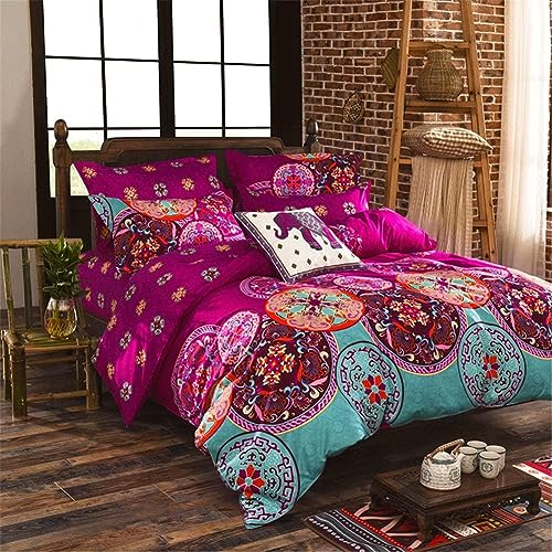 Freyamy Bohemian Bettwäsche 135x200 Vintage Boho Indischen Mandala Böhmisch Bettbezüge 100% Mikrofaser Fuchsia Türkis Bunt Wendebettwäsche Reißverschluss Kissenbezug 80x80