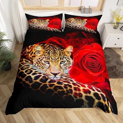 KERRES Bettwäsche 135x200 Leopard Rote Rose Bettbezug Set 2 Teilig Leopard Microfaser Weich Bettbezüge + 1 Kissenbezug 80x80 cm, mit Reißverschluss DE1755